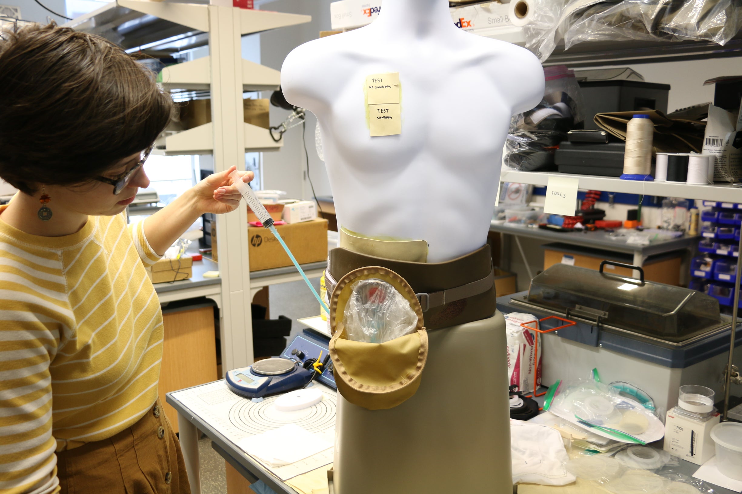 Pictured: Abby Chapin testing ostomy bag prototype