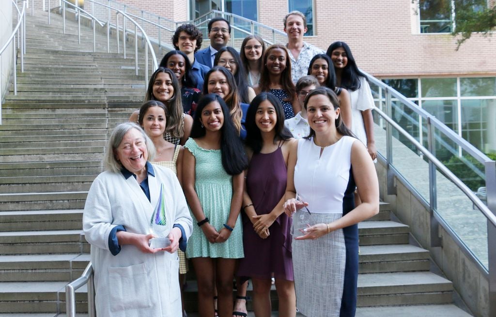 Rice alumnae Virginia Sall ’71 (left) and Dr. Tara Barry ’10 (front right) with Rice global health technologies students at the May 6 Rice360 Institute for Global Health Technologies graduate recognition and awards breakfast.